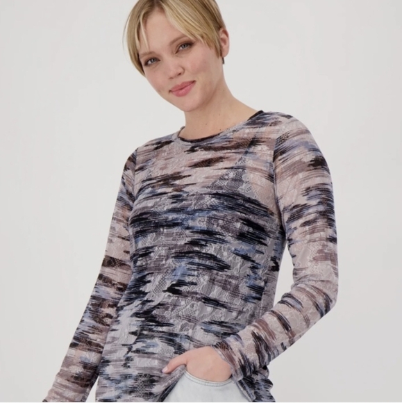 LOGO by Lori Goldstein Tops - LOGO Layers Longsleeve Sheer Lacey Mesh Printed Top